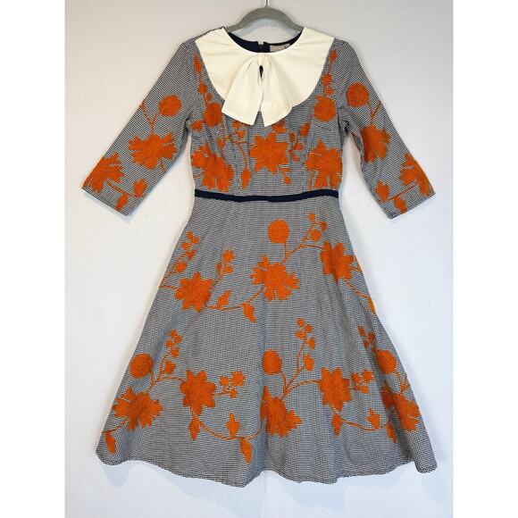 eShakti Swing Dress Bow Front Floral Houndstooth Cottagecore Size S/6 - Picture 1 of 5